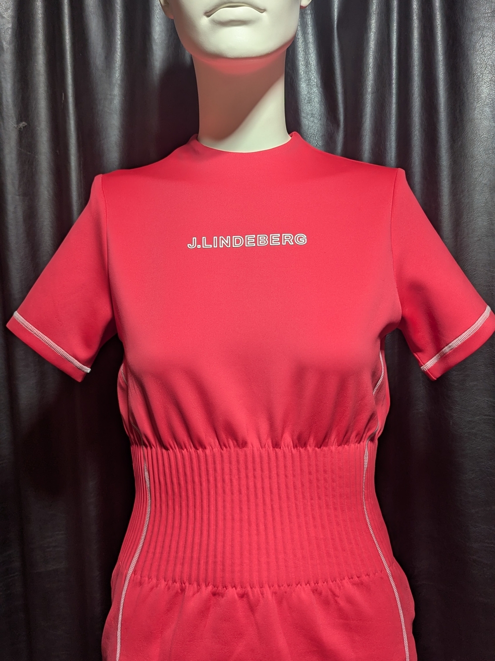 J.Lindeberg Kim Top Mock Neck Smocked Waist Corset Tee Azalea Pink Red XS